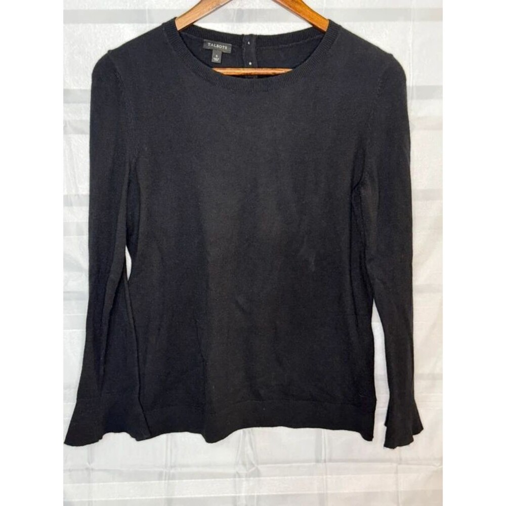 Talbots Black Lambswool Blend Crewneck Sweater Womens Size S Button Back
